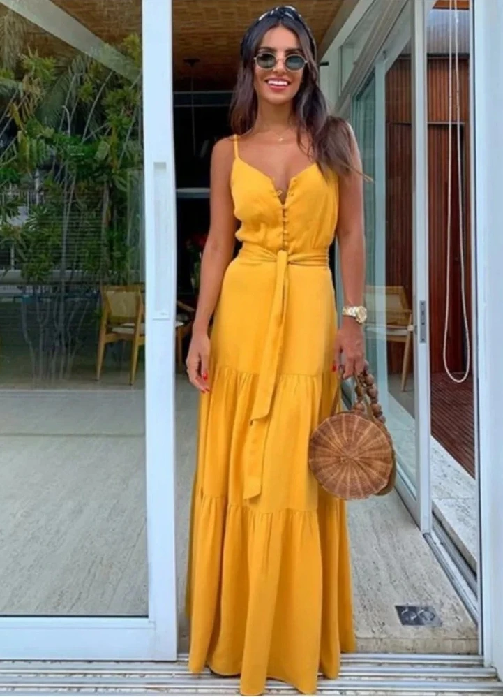 

Женское летнее длинное платье на тонких бретельках в богемном стиле, элегантные женские платья без рукавов с v-образным вырезом, повседневные платья для пляжной вечеринки