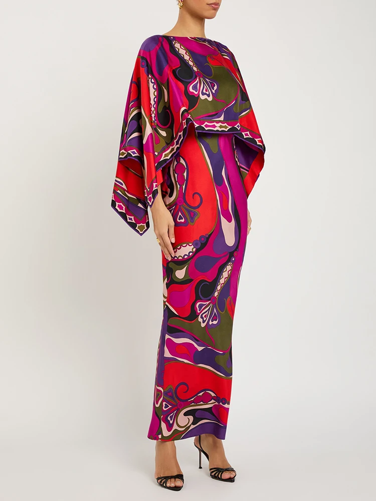 

Summer Fashion Party Vintage Geometric Print Long Dress Suit Women's Batwing Sleeve Loose Tops+Spaghetti Strap Slim A-Line Dress