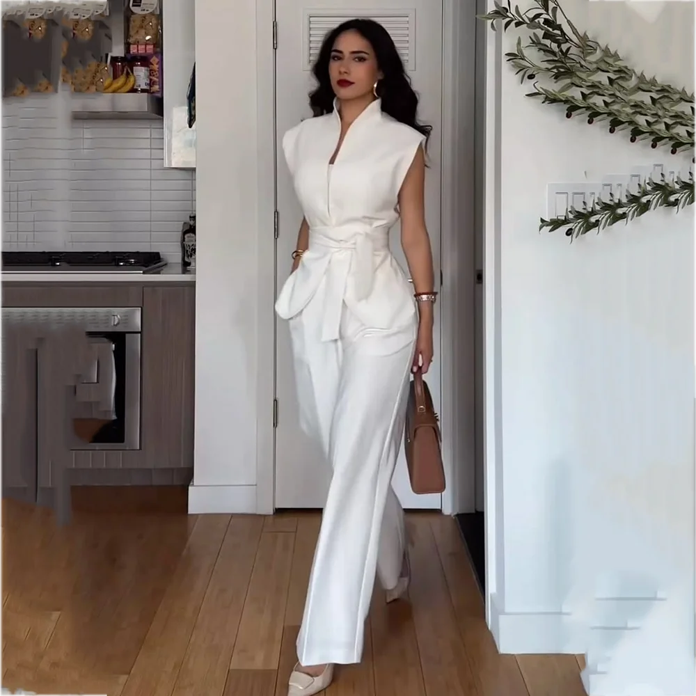 Trendy Women's Suit Stand Collar Chic Sleeveless Belted Jacket Pants Formal Office Interview Business Smart Casual Outfit