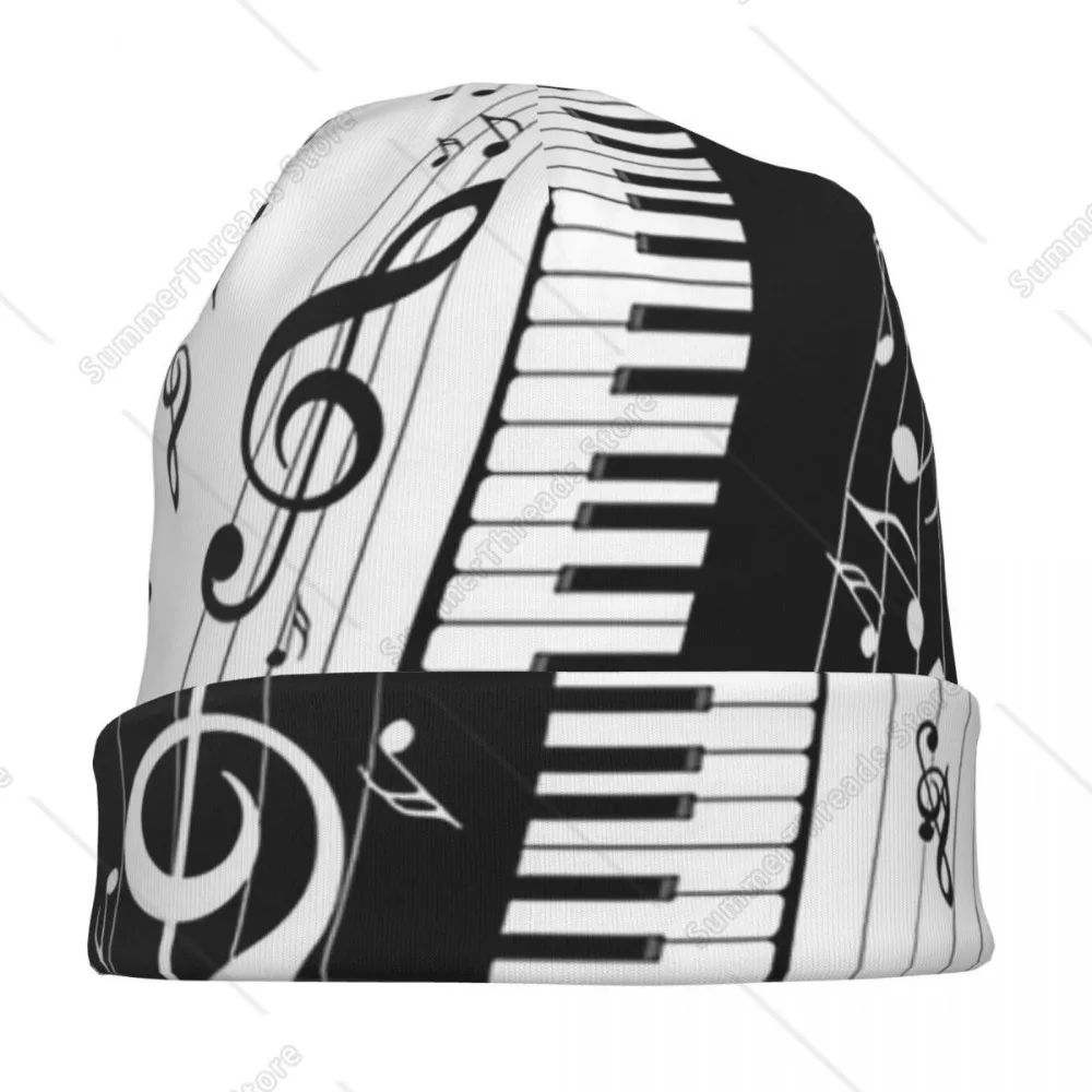 مفاتيح البيانو مجردة مع النوتات الموسيقية الدافئة محبوك قبعة الهيب هوب بونيه قبعة الخريف الشتاء في الهواء الطلق قبعات حريمي للجنسين الكبار #3