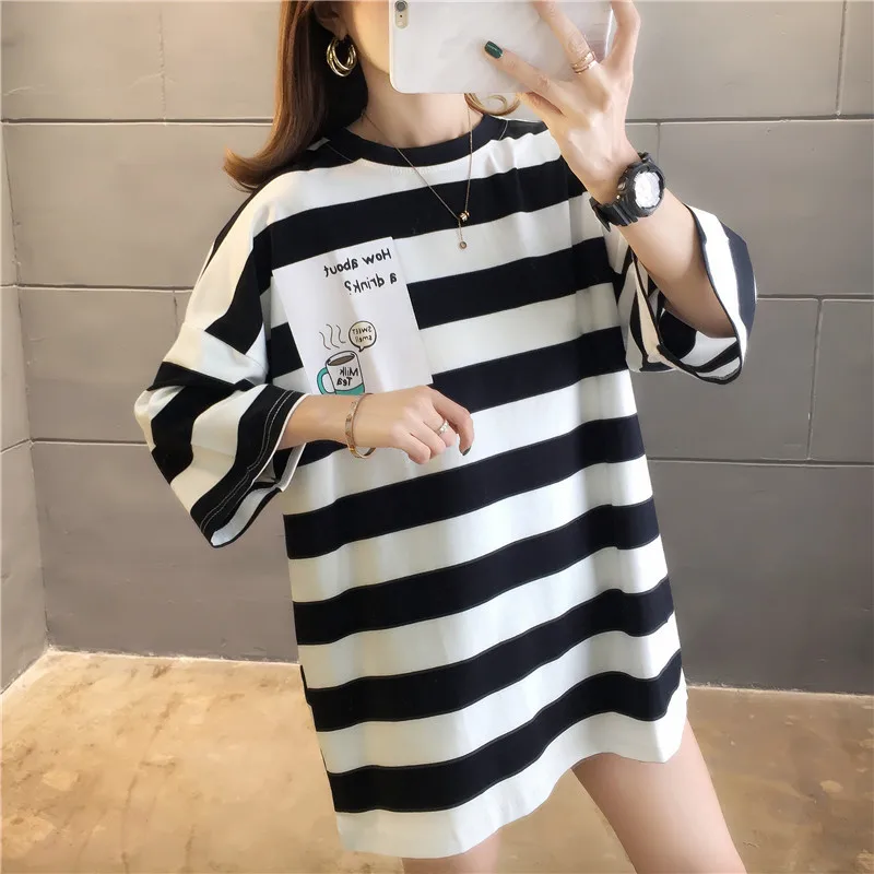 Y2K New Summer Women Half Sleeve Tops Tees INS Fashion Casual Loose Striped Crop T-shirt O-neck Cotton Ladies Pullover Tshirts