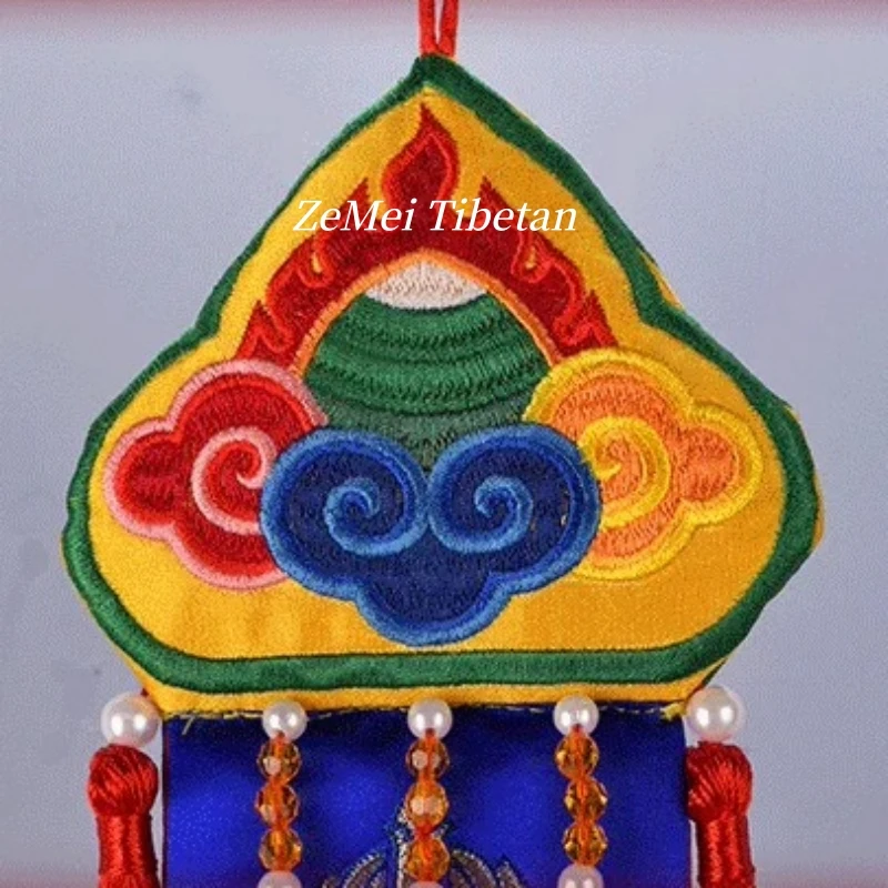 2026Tibetan-Style Five-Color Hand Drum Banner with Embroidered Ribbon and Bells Hanging Decorative Banner for Home Buddhist Item