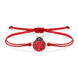 Zinc Alloy Red Enamel Love Heart Ladybird Charm Bracelet Women New Fashion Cute Animal Insect Beetle Blue String Jewelry Gift