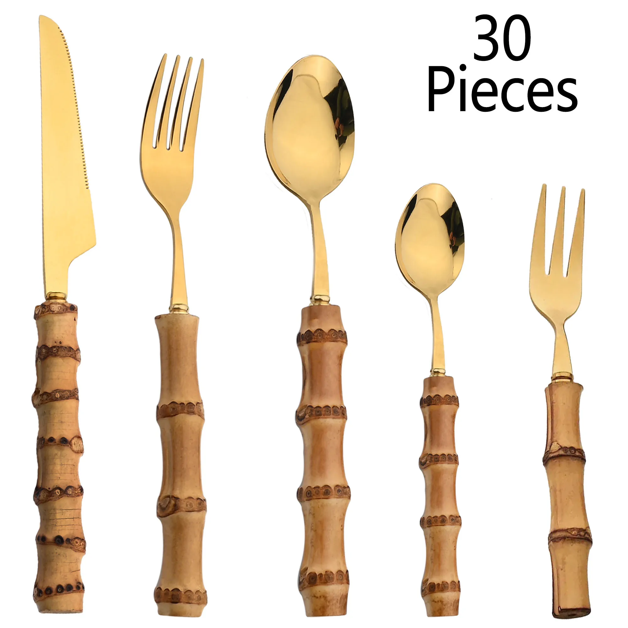 

JANKNG 30Pcs Tableware Sets Stainless Steel Wooden Handle Cutlery Knife Fork Dinnerware Set Coffee Tea Spoon Kitchen Silverware