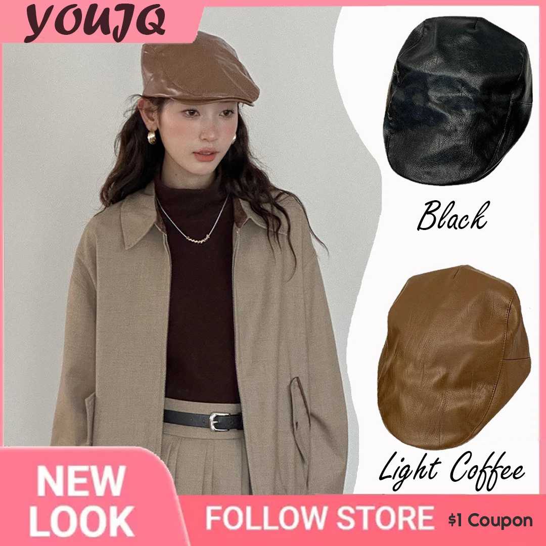 

Y2K PU Berets Hats for Women Girls Literary Style Face Smaller Retro Forward Duck Sun Cap Adjustable Newsboy Caps Gorras Boina