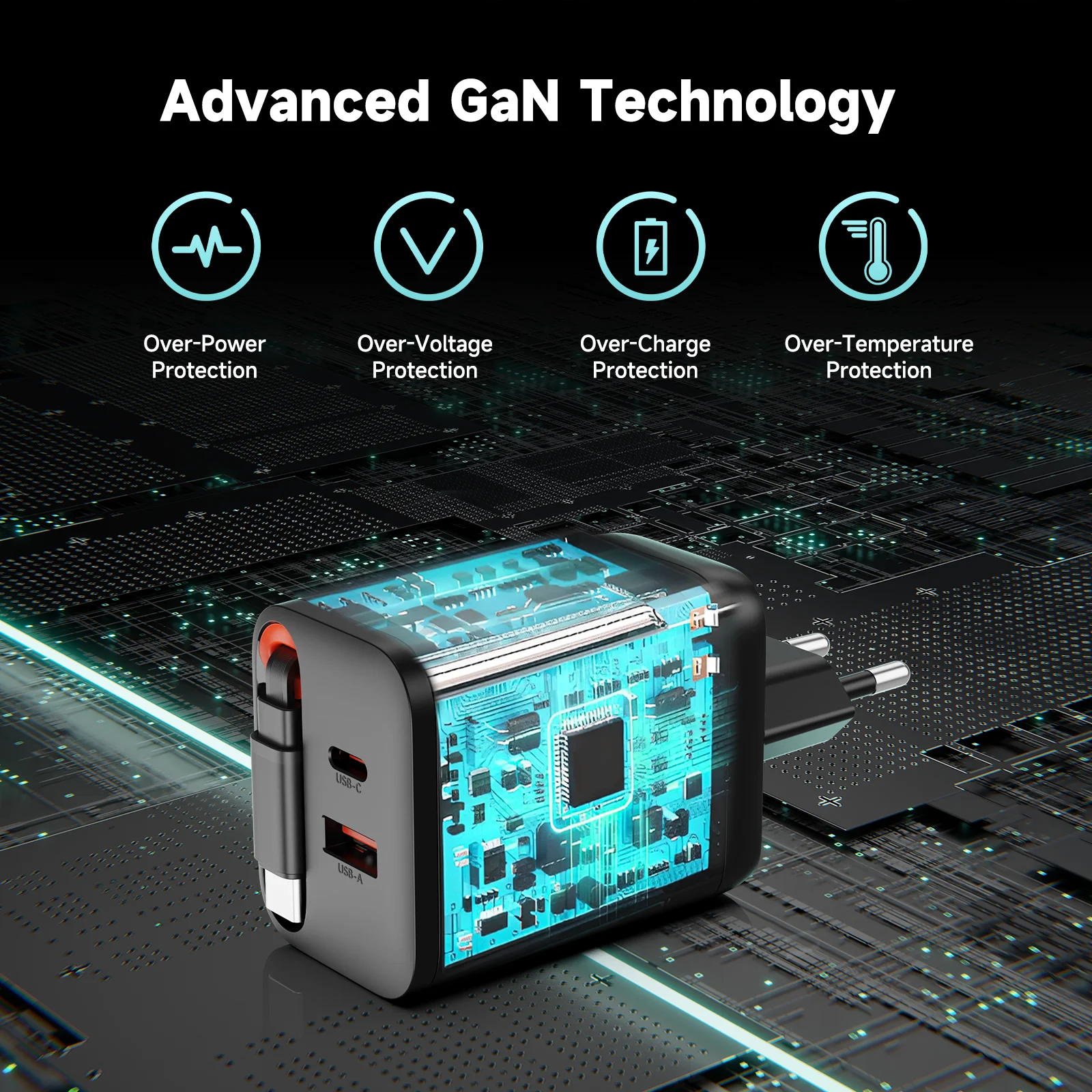 EU 40W Fast Charging Charger with Retractable USB-C Cable, Includes USB-A and USB-C Ports, Compact Design Ideal for Travel.