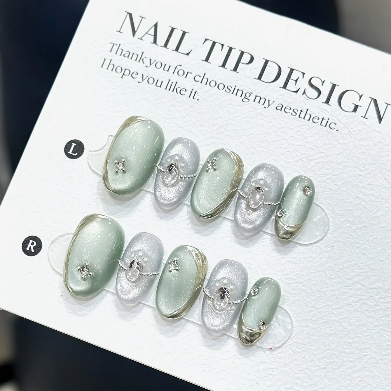 10pcs high-end Short light luxury cat eye handmade fake nails, Short Cat Eye Light Luxury White nail patch