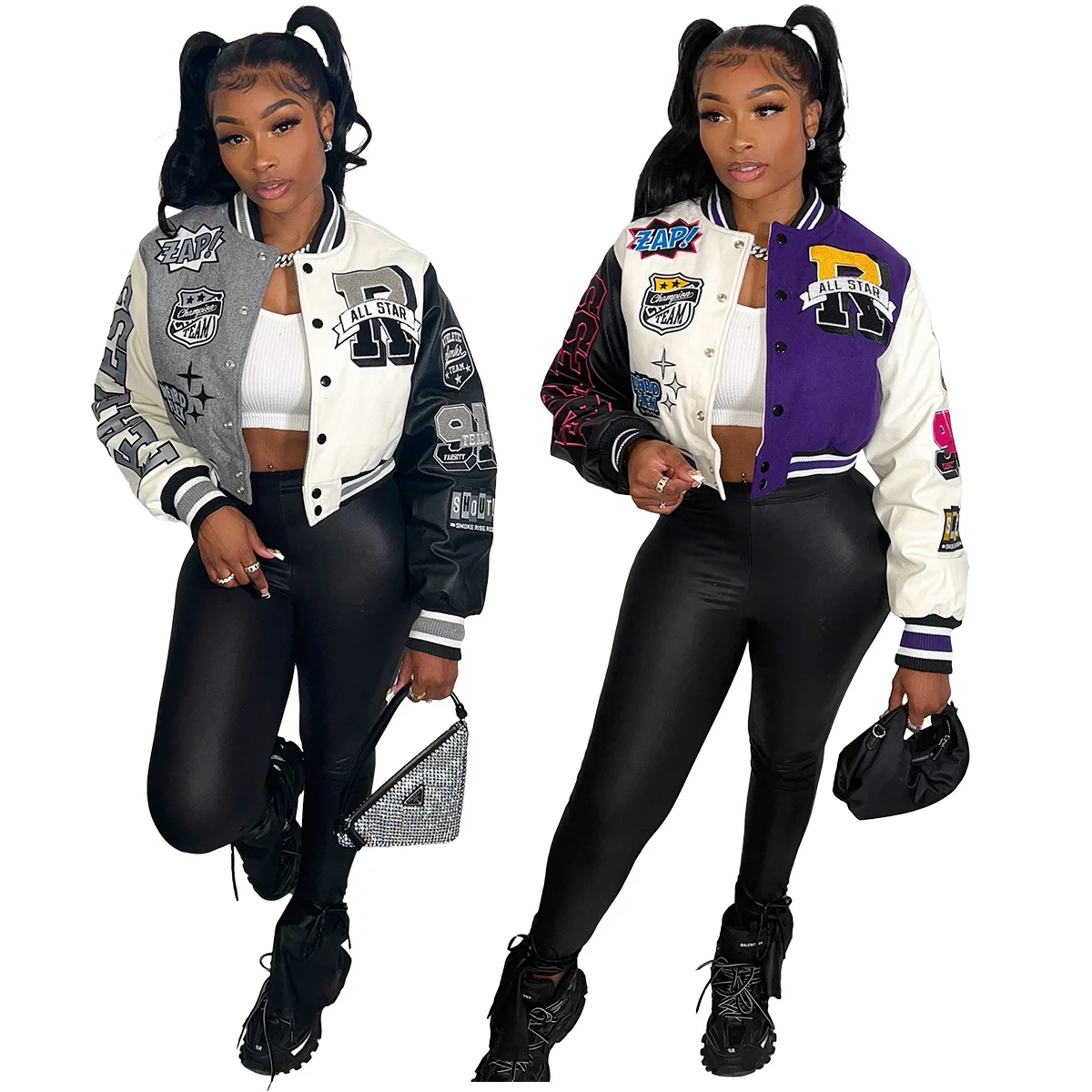 

European and American cities autumn and winter positioning printing press button splicing thread baseball jacket women