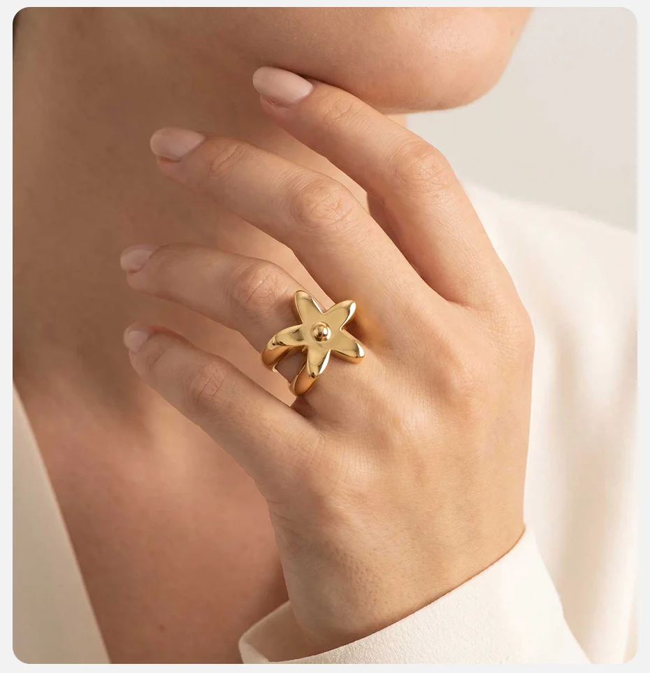 Vnox Klassischer Emaille-Ring mit Blauer Blume für Damen, Trendiger 18K Vergoldeter Blumen-Fingerring, Zierlicher Statement-Schmuck – Detail 3