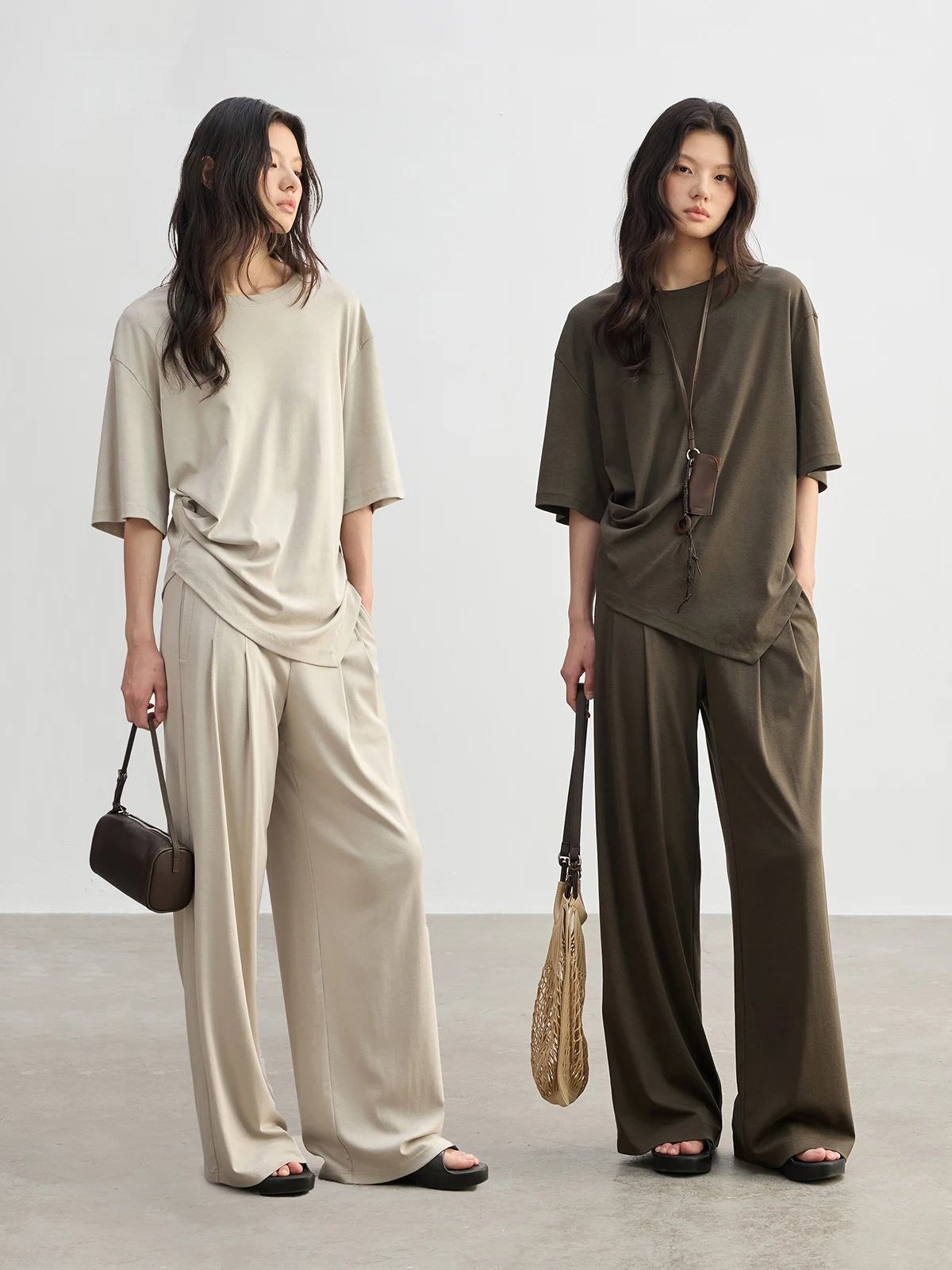 

JUSLIN Skin-Like Lyocell Cotton Drawstring Pleated Short Sleeve T Elastic Waist Double Pleat Floor-Length Pants M0312