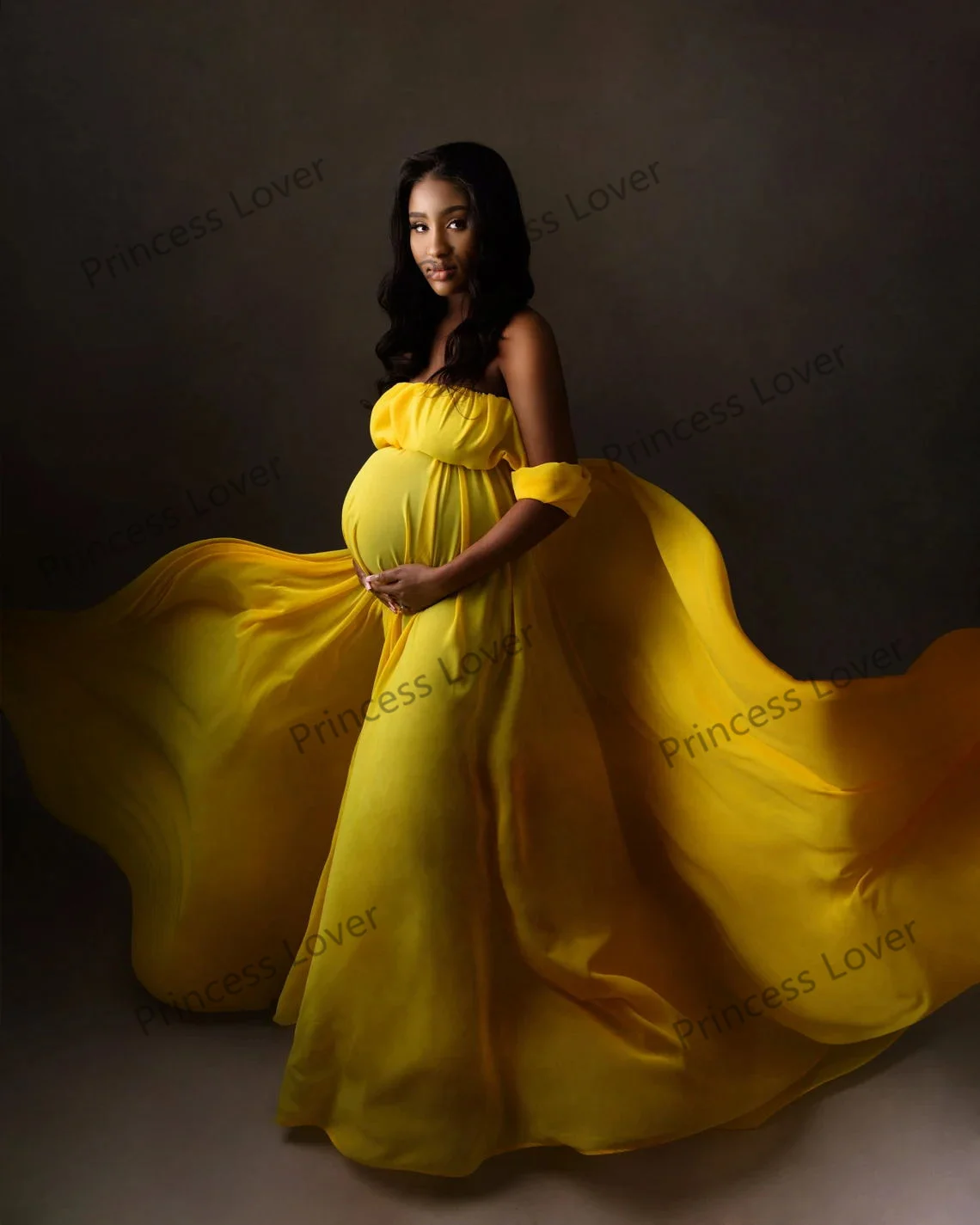 Yellow Maternity Photoshoot Dress for Women Fluffy Elastic Waist Prom Gown Strapless Custom Made Robes