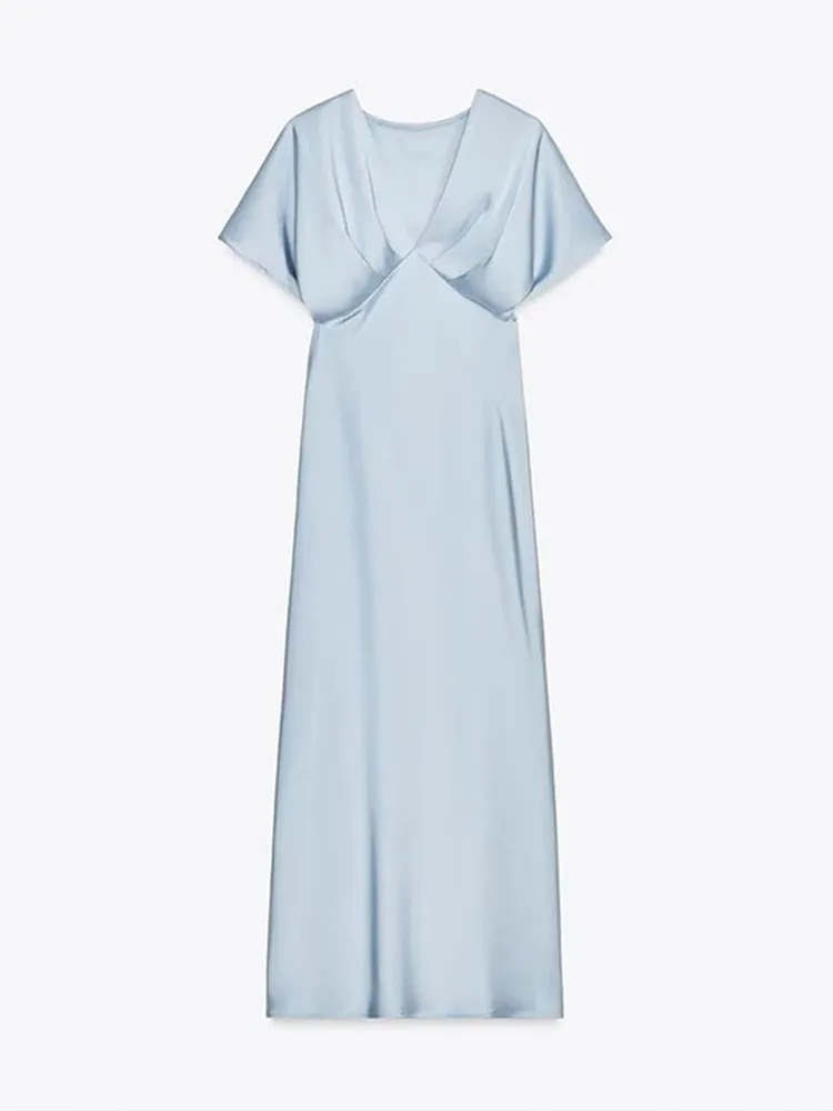 فستان أنيق من الساتان بطيات طويلة للنساء سادة بياقة على شكل v وأكمام قصيرة فساتين طويلة للسيدات لصيف 2025 أنيقة للحفلات المسائية