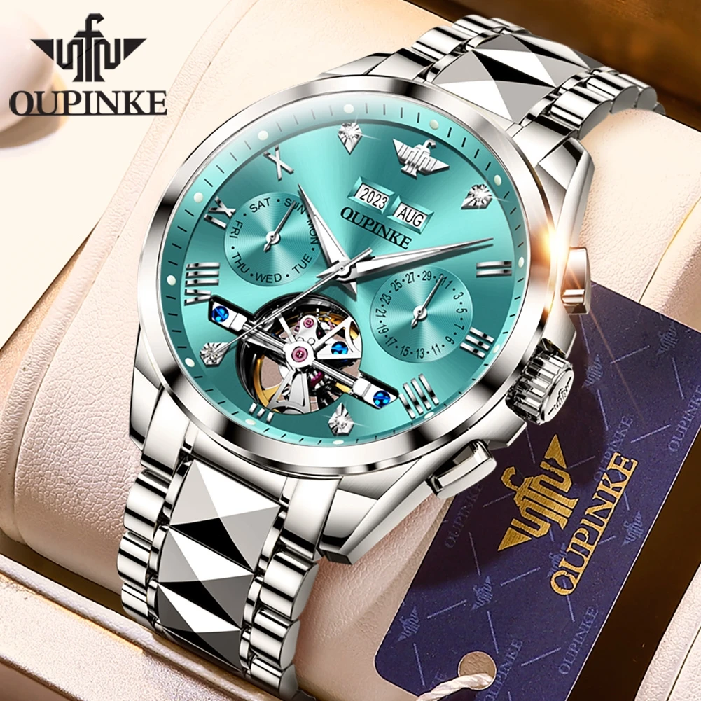 OUPINKE Tungsten Steel Automatic Mechanical Watch Men's 5Bar Waterproof Multi-functional Tourbillon Watches Relogio