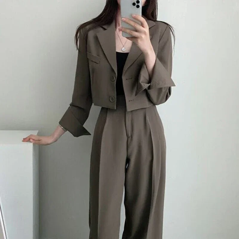 Kimotimo Women Solid Two Piece Sets Korean Chic Casual Turn-down Collar Short Blazer Coat + High Waist Wide Leg Long Pants Ins