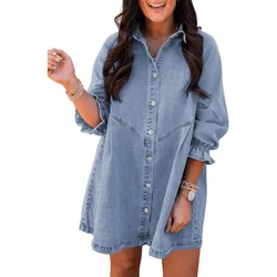 Women's Denim Shirt Dress, Three-Quarter Sleeve, Button-up, Babydoll