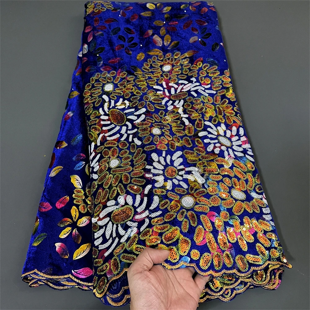 African Nigerian velvet lace fabric, Sequins BeadsGuipure，For Sewing Wedding Party Dress，High Quality，5yards，2024
