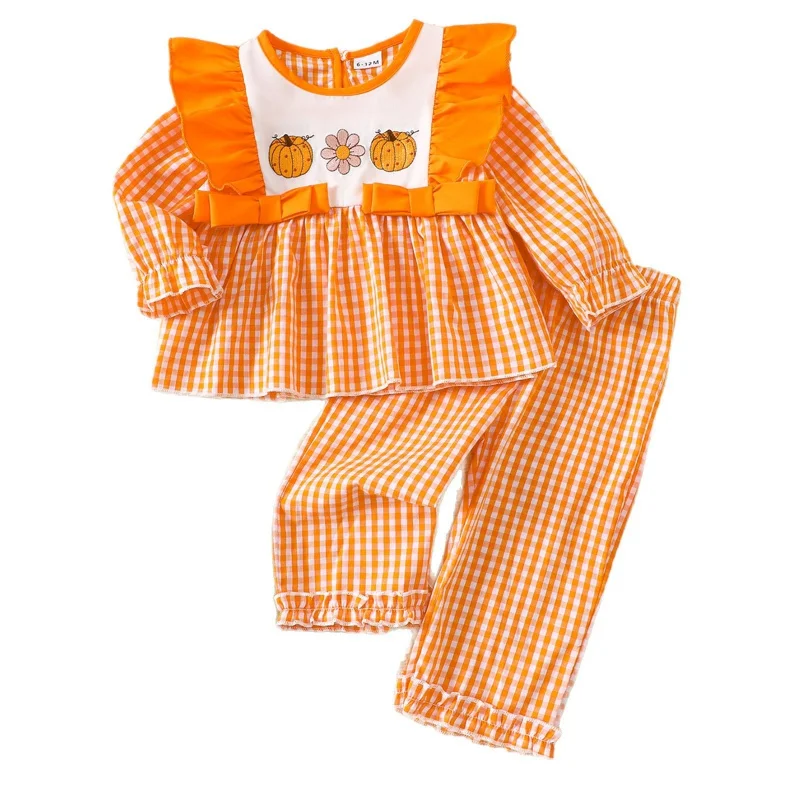 

Christmas Halloween Children's Clothing Set Baby Girls Autumn Plaid Long Sleeve Ghost Tree Embroidered Trousers Outfits Suit New