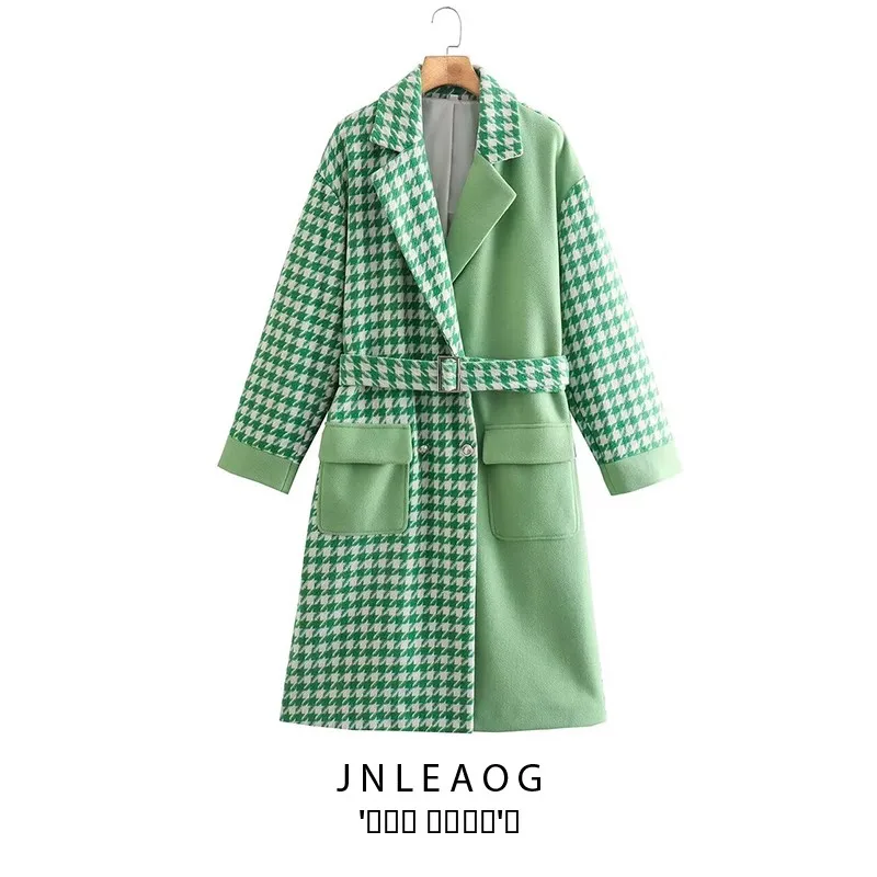

JNLEAOG Faionable Color Blo Plaid Coat Women's Street Sle Long Sve Polyester Fibre Autumn New Arrival