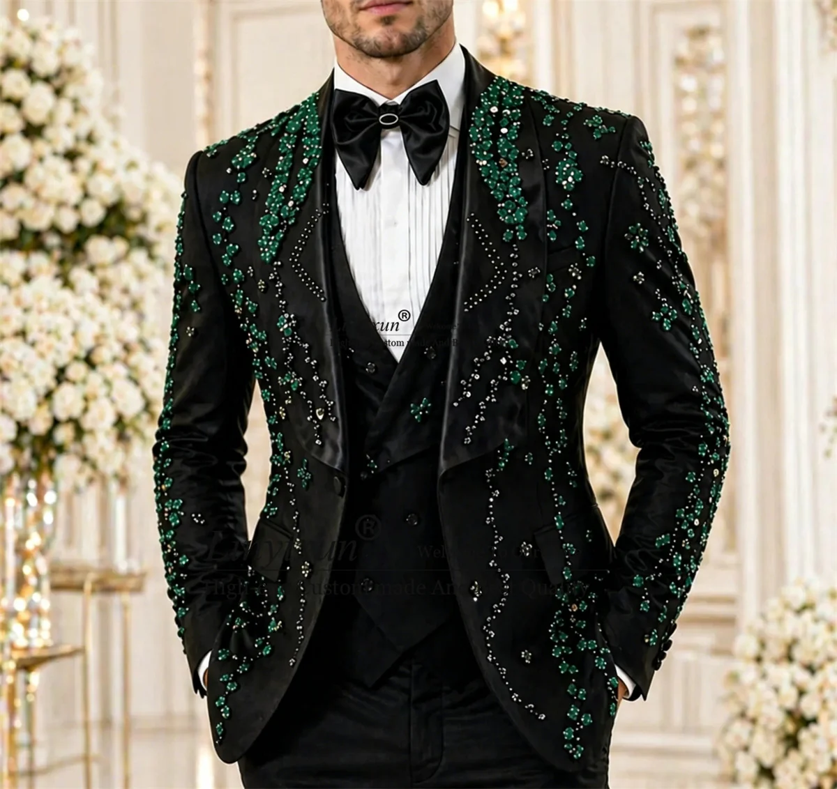 

Sparkly Metal Embellished Men Suits Customized 3 Pieces Sets Party Prom Blazer Slim Ropa Diamond Lapel Groom Wedding Tuxedos