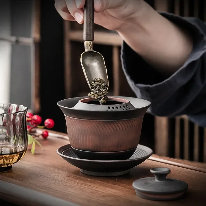 

Purple Pottery Sancai Gaiwan Tea Cup Single High-Grade Kung Fu Tea Brewing Tea Bowl with Lid Ceramic Large Household