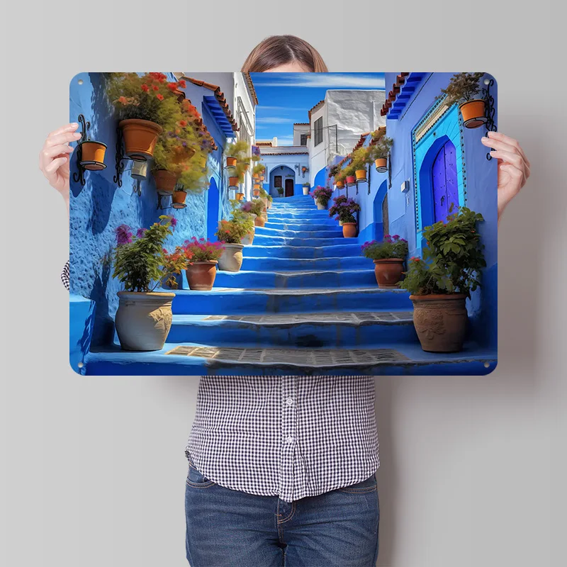 Blue City Steps Morocco 3D Texture Metal Poster Customized Wall Art Tin Sign Gift for Mancave Vintage Decoration Room Man Cave