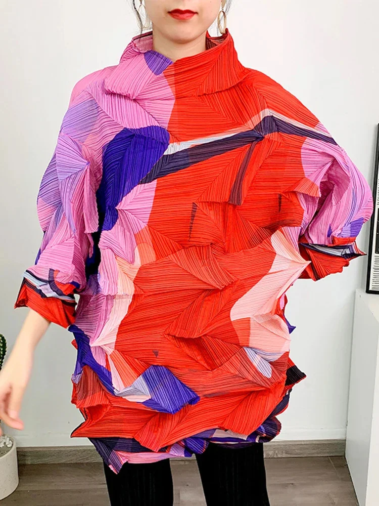 

2025 Spring Pleated T-shirt For Women Stand Collar Long Sleeves Loose Thin Tops Casual Female Clothing New Tide 2YA703