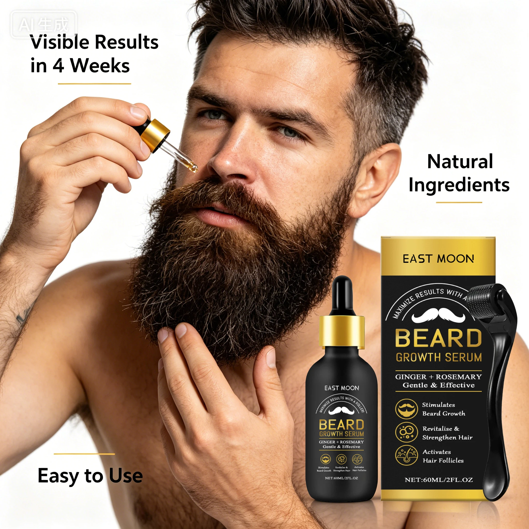 Kit de Cuidado de Barba con Jengibre y Romero, Suero para Densificar el Vello Facial, Control de la Caspa de Barba, Suavizante para Barba Rebelde, Cuidado para Barba Áspera