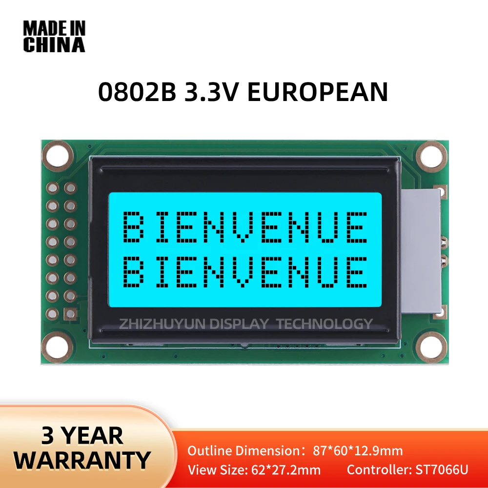 0802B 3,3 V Ekran LCD z europejskimi znakami Lodowoniebieski Wielojęzyczny moduł Wyświetlacz LCD Moduł Napięcie 3,3 V