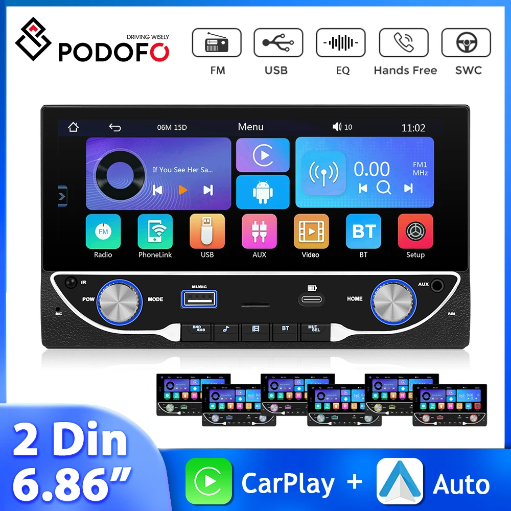 

Podofo 2Din 6.86'' Car Radio Wireless Carplay Android Auto MP5 Player Mirror Link Multimedia Player Bluetooth FM/AUX Car Audio