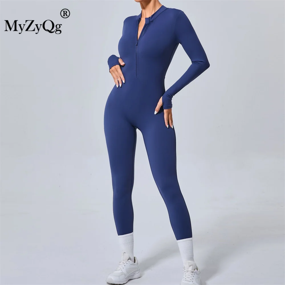 MyZyQg ผู้หญิงแขนยาวออกกําลังกาย Jumpsuit แน่น Breathable Zipper ชุดกีฬา Buttock Lifting Quick แห้งโยคะ Bodycon