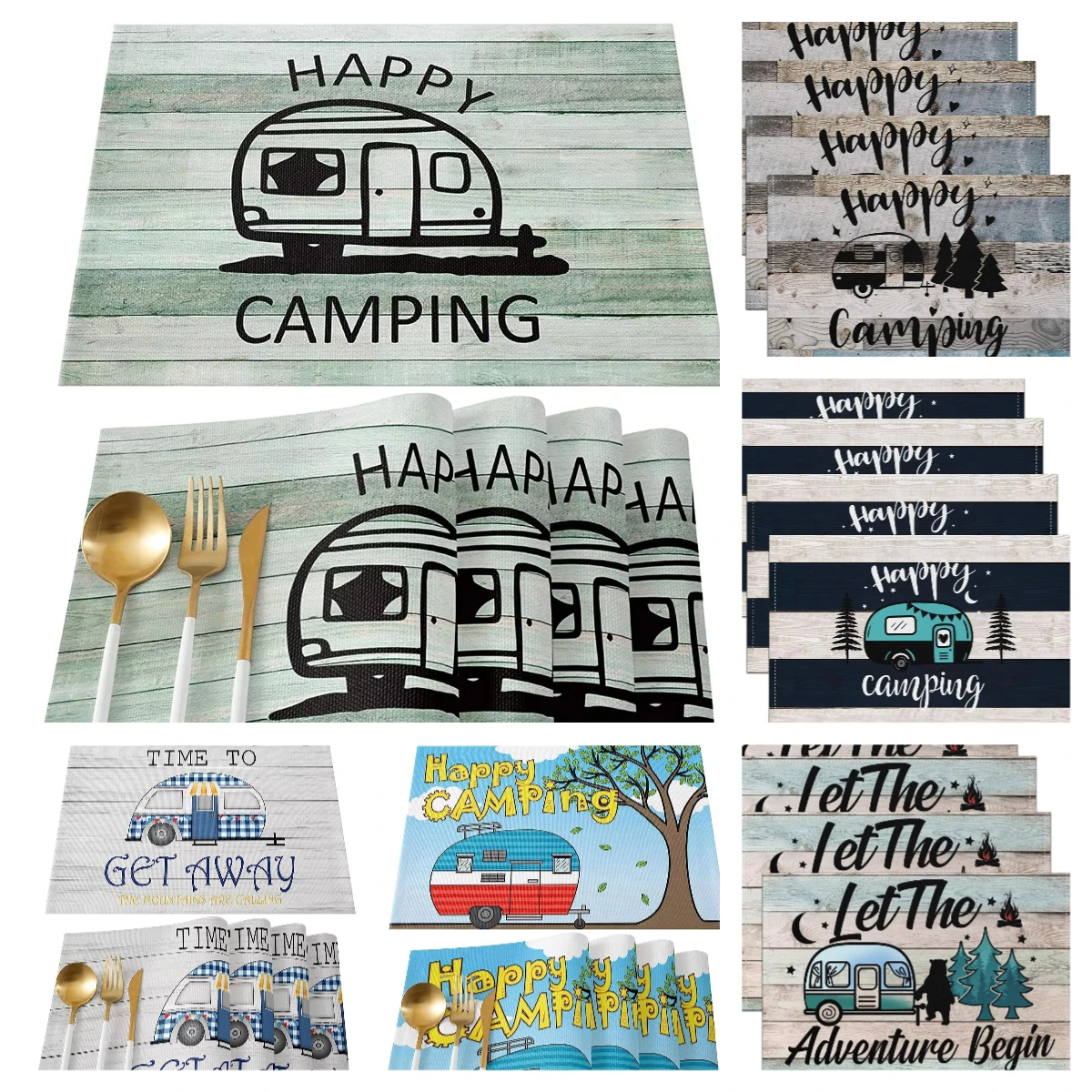 Camping Place Mats 12x18 Set of 4 Happy Camping Placemats for Girls, Rustic Wooden Camper Scratch Proof Table Mats Farmhouse