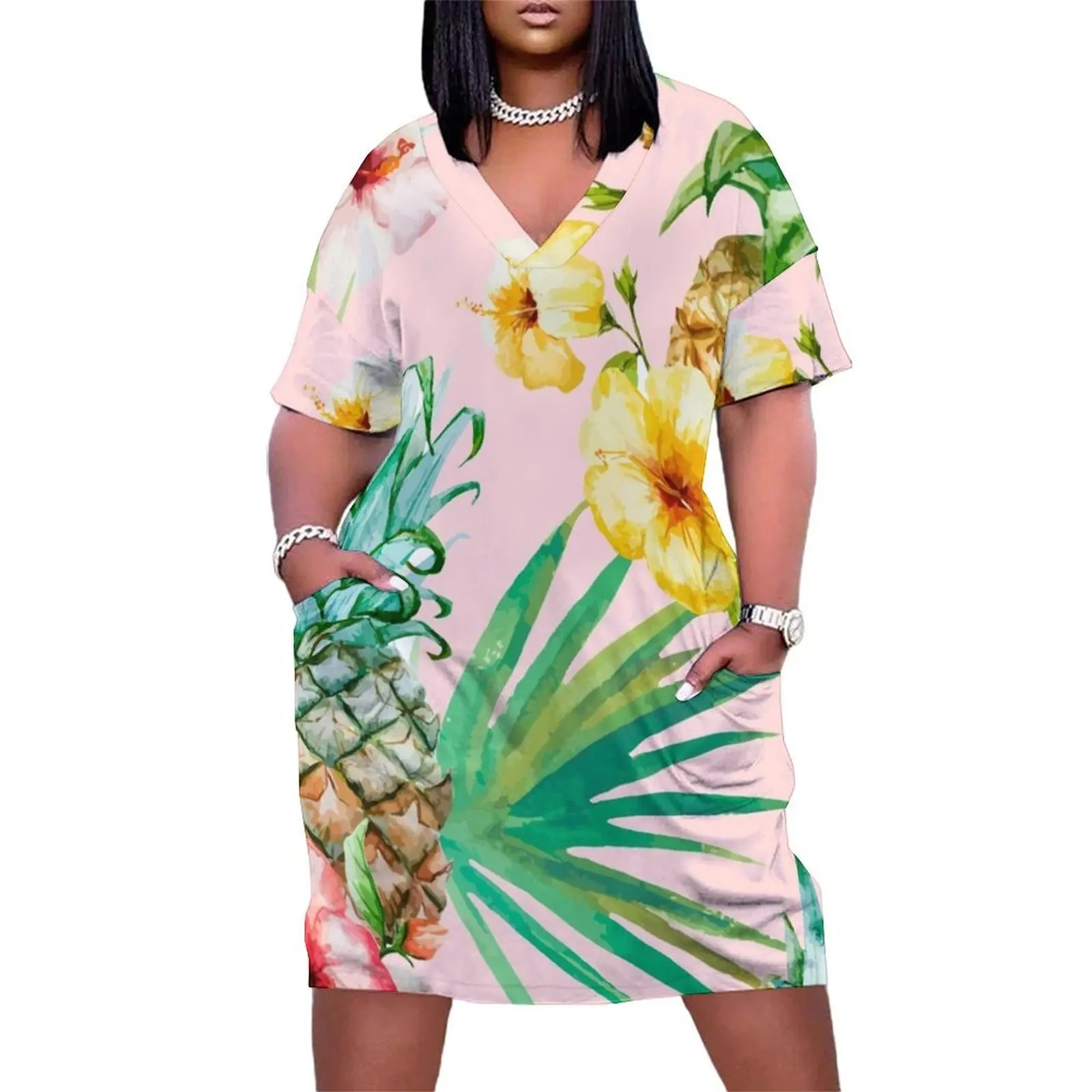 

Hawaii Vintage Tropical Botanical Jungle Floral Watercolor Blush Pastel Pineapple Palm Painting Loose Pocket Dress prom clothes