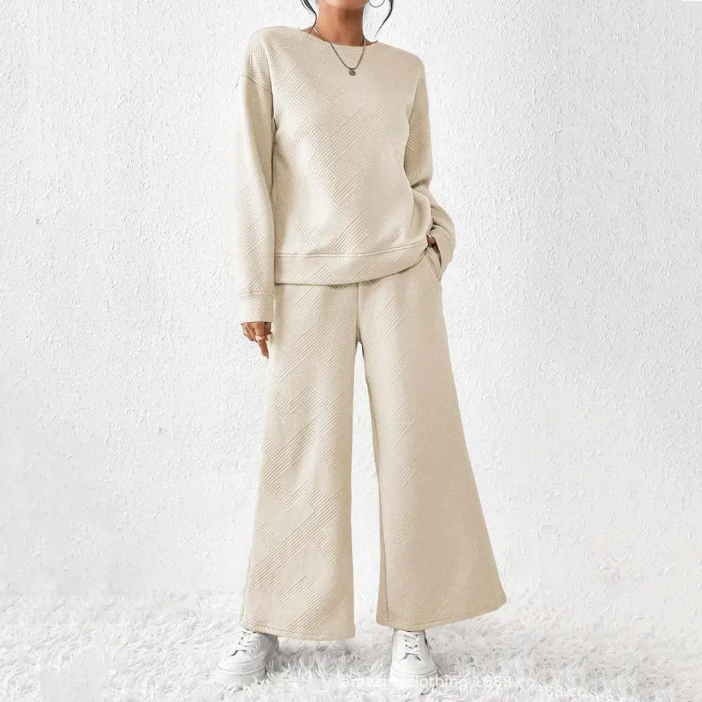 Loose Fit Suit Women's Textured Solid Color Sweatshirt Wide Leg Trousers Set Round Neck Long Sleeves Top with Elastic for Fall