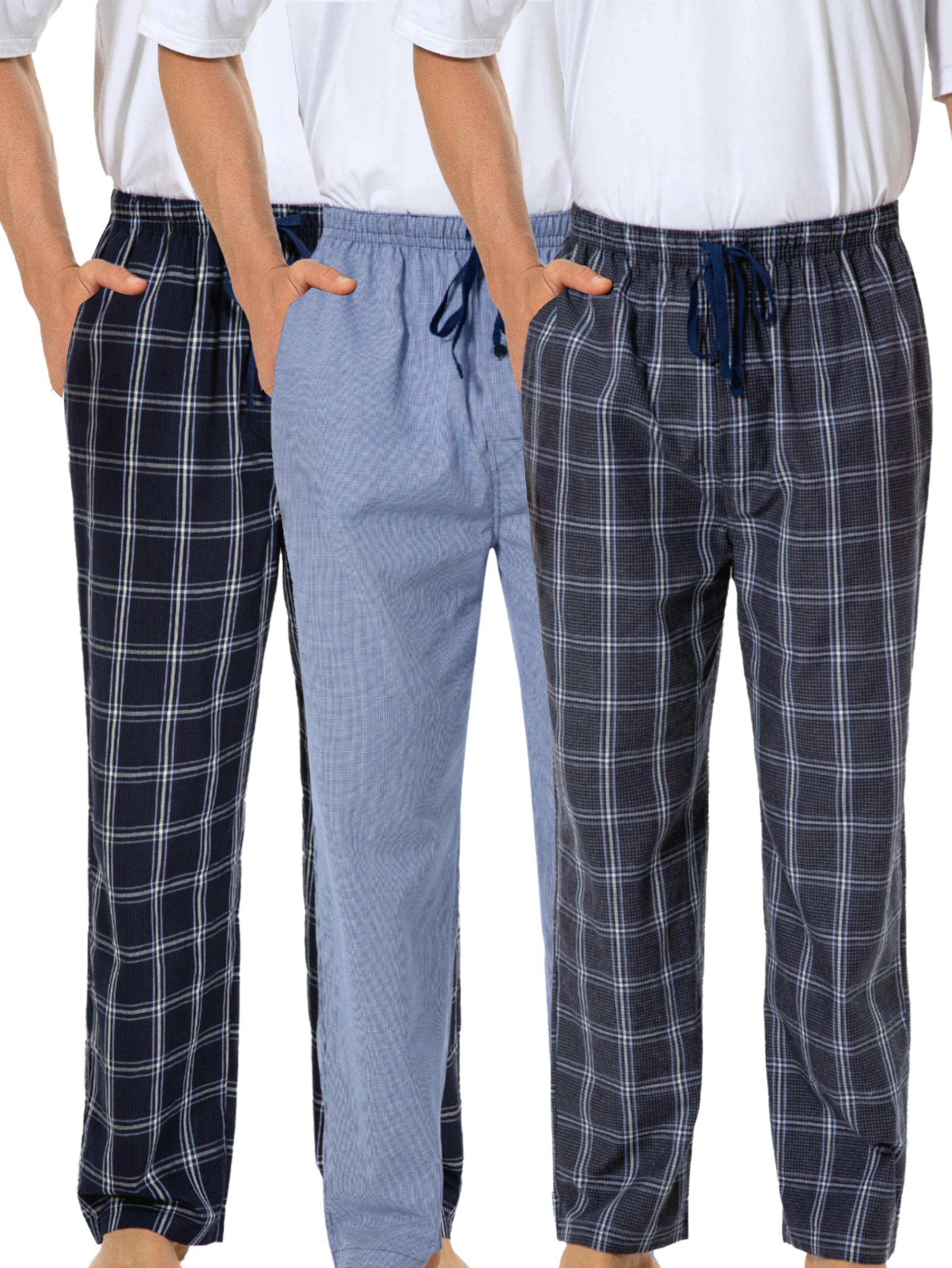 3 Pcs Men's Simple Plaid Solid Casual Cotton Homewear Pants Loose Stretchy Elastic Waist With Drawstring Pockets Pajamas Bottom