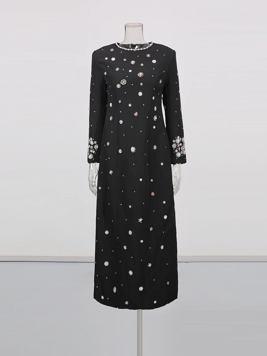 TWOTWINSTYLE Solid Patchwork Diamonds Dresses For Women Round Neck Long Sleeve Slimming Temperament Dress Female Fashion Style