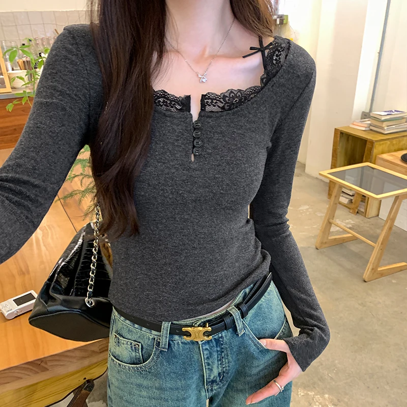 

Lace Patched Knit T-shirt Long Sleeves U Neck Hot Sell Women Top