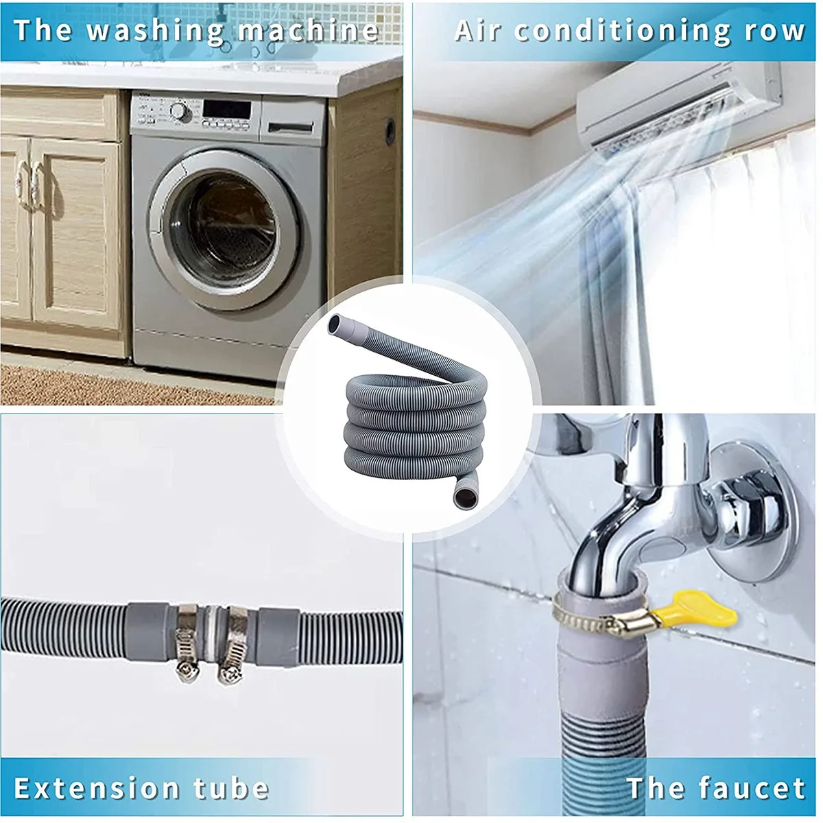 Ensemble d'extension de tuyau de vidange universel pour machine à laver, tuyau de vidange, connecteur de tuyau rapide inclus, colliers de serrage, 2m