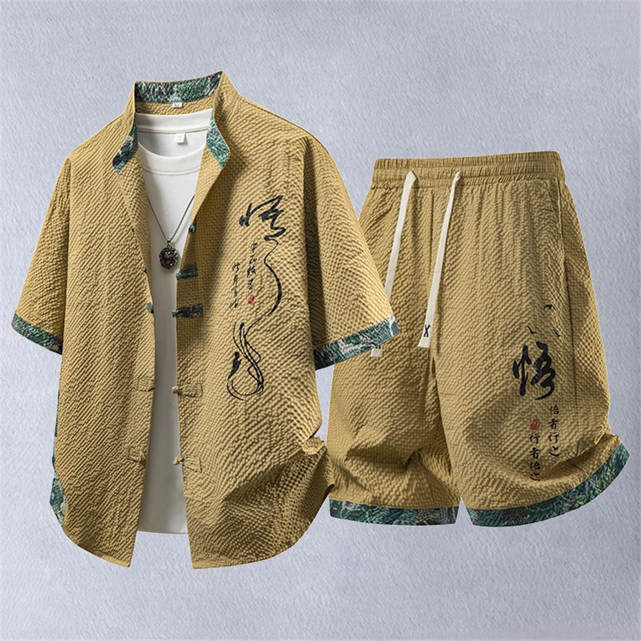 Summer Tracksuits Men Traditional Chinese Style Suit Shirt Shorts Tang Suit Male Fashion Casual Summer Sets