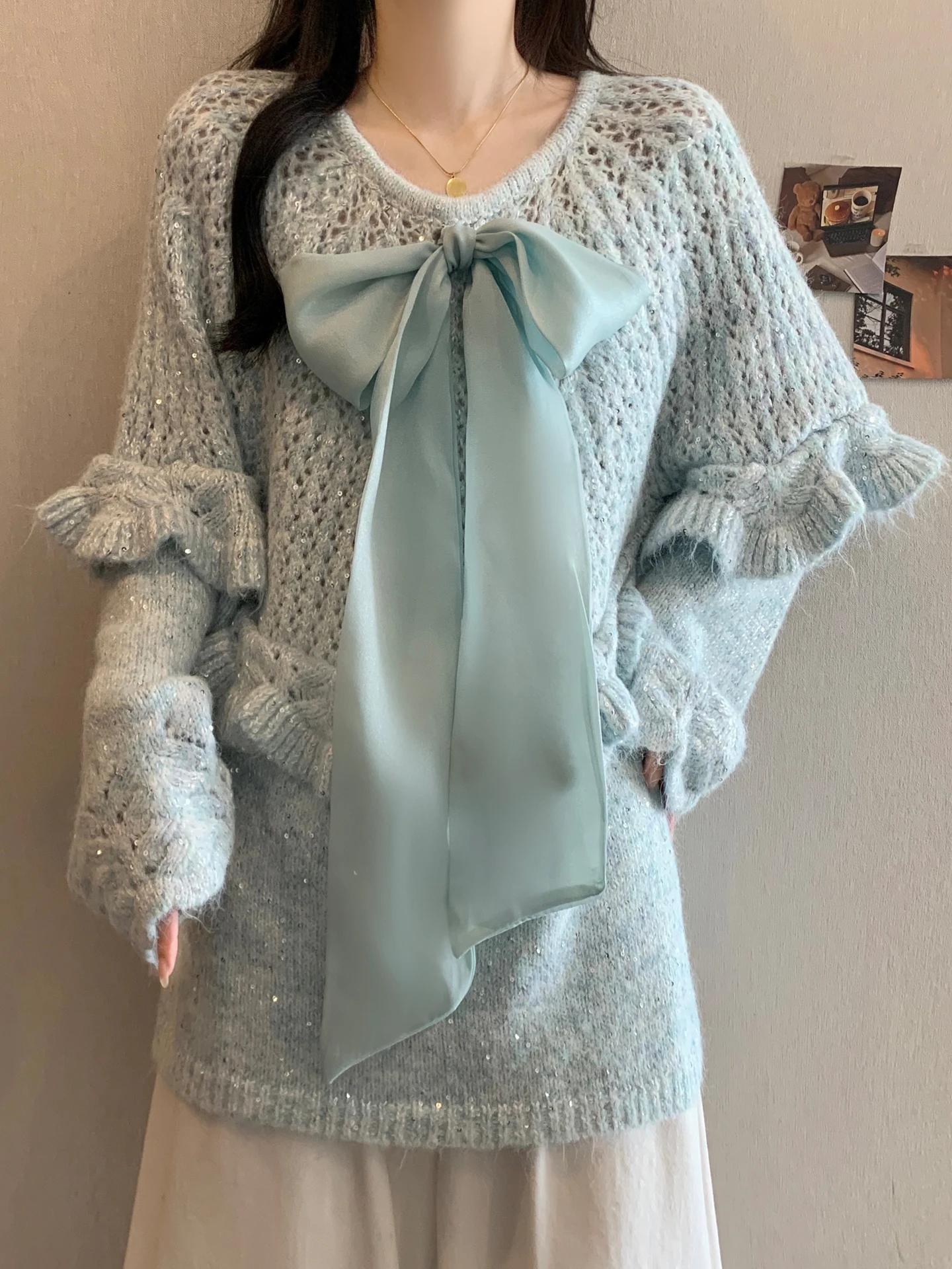 

Korean Sle Soft Knitted Sweater Women's Spring Autumn Winter Large Size Plump MM Mid-Length Butt Covering Top Knot