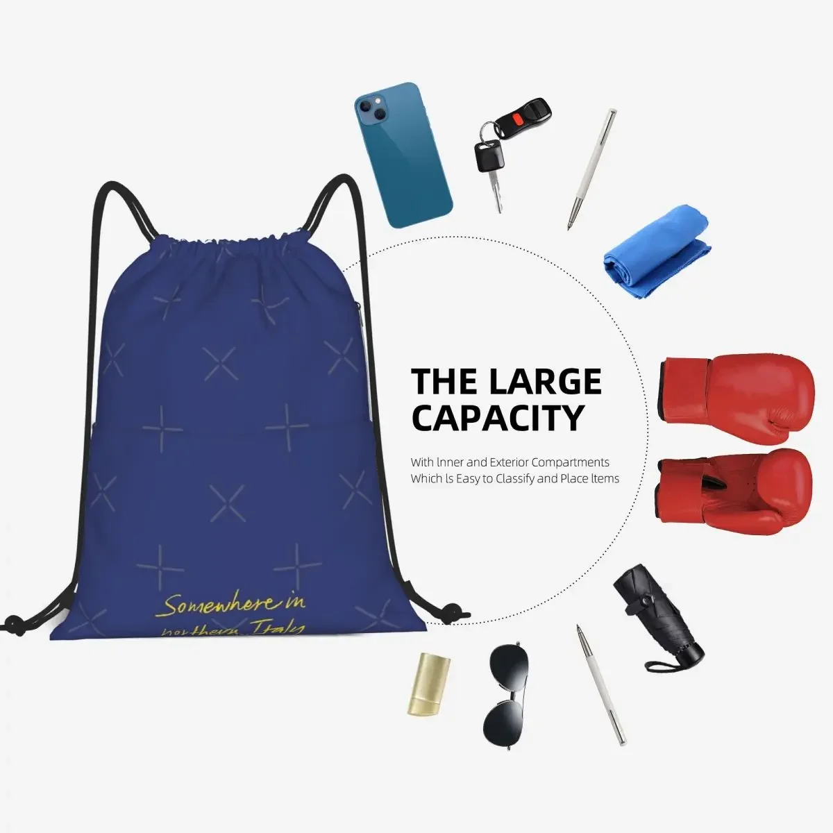 Mochila com cordão para esportes e viagens, bolsa de ombro com cordão, bolso com zíper, saco portátil no norte da Itália