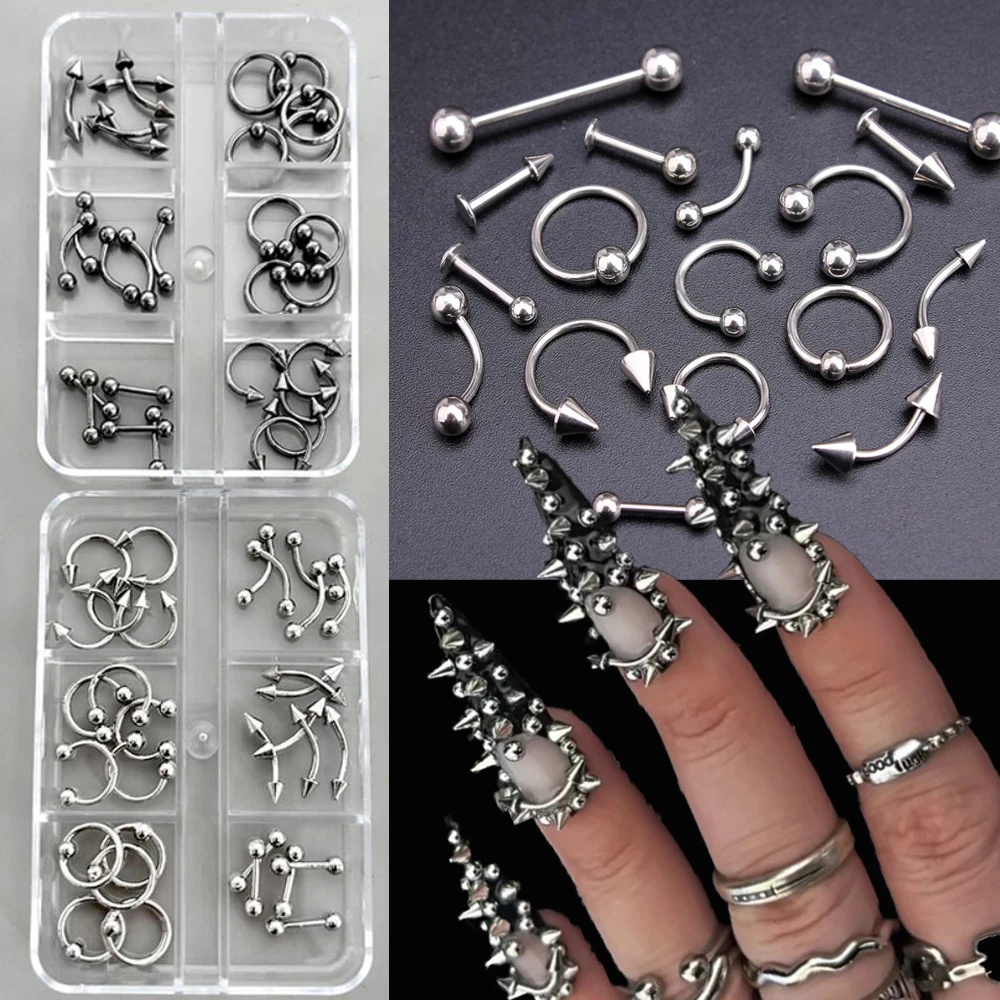 

30pcs/Box Punk Piercing Alloy Curve Arrow Rivet Nail Charms Black Silver Stainless Steel Spike Nail Parts Super Cool Nail Jewelr