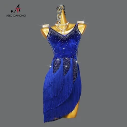 New Blue Velvet Latin Dance Dress Competition Costume Sexy Fringe Skirt for Women Girl Party Sport practice Wear Prom Customized