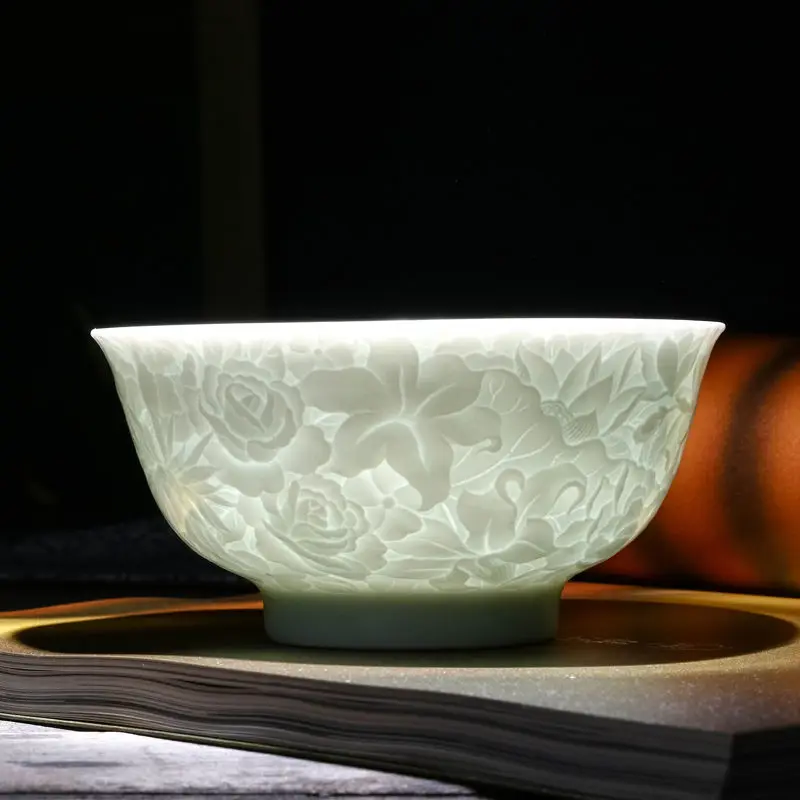 

Shadow blue relief ceramic bowl Wanhua carving Chinese style jade porcelain high-grade simple rice bowl anti-scalding