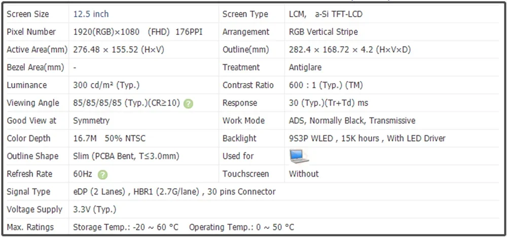 NV125FHM-N85 12.5 inch Laptop LCD Screen IPS Panel EDP 30Pins FHD 1920x1080 60Hz 50% NTSC