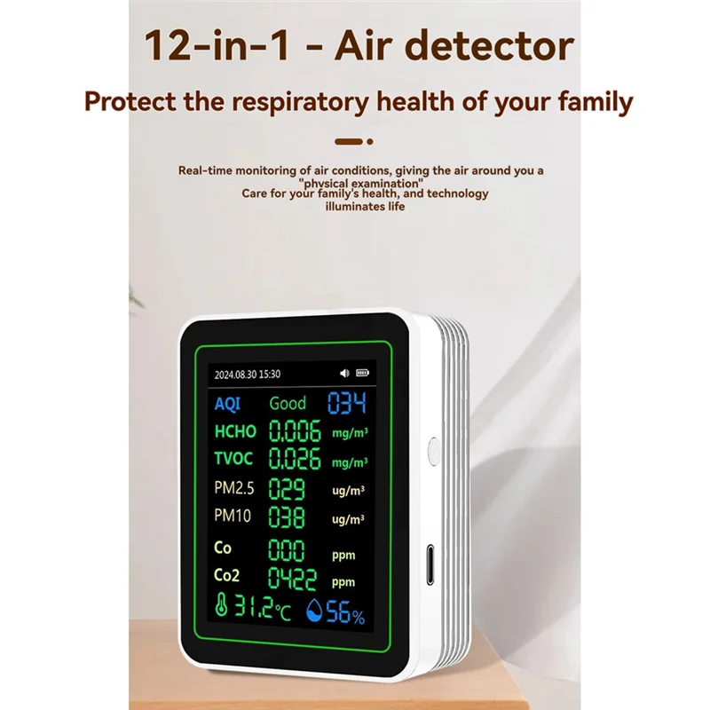 

AONEQ-12 In 1 Air Quality Tester Temperature/Humidity /Time/CO/CO2/Curve/TVOC/AQI/PM2.5/PM10/Formaldehyde With Bracket