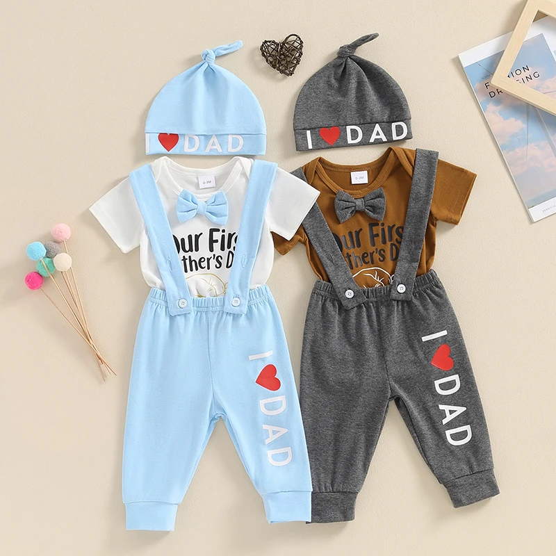 2024-03-14 Lioraitiin 0-18M Baby Jongens Vader Dag Outfit Sets Korte Mouw Ronde Hals Brief Print Romperbroek Broek Muts Sets