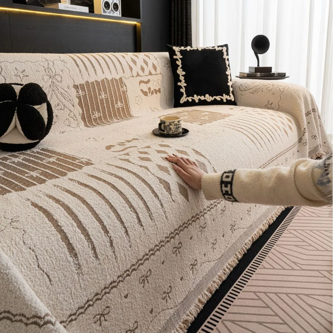 Boho Style Chenille Sofa Towel with Tassels, Double-side, for Living Room Camping Picnic Large Blanket Leisure Relax Beach Towel
