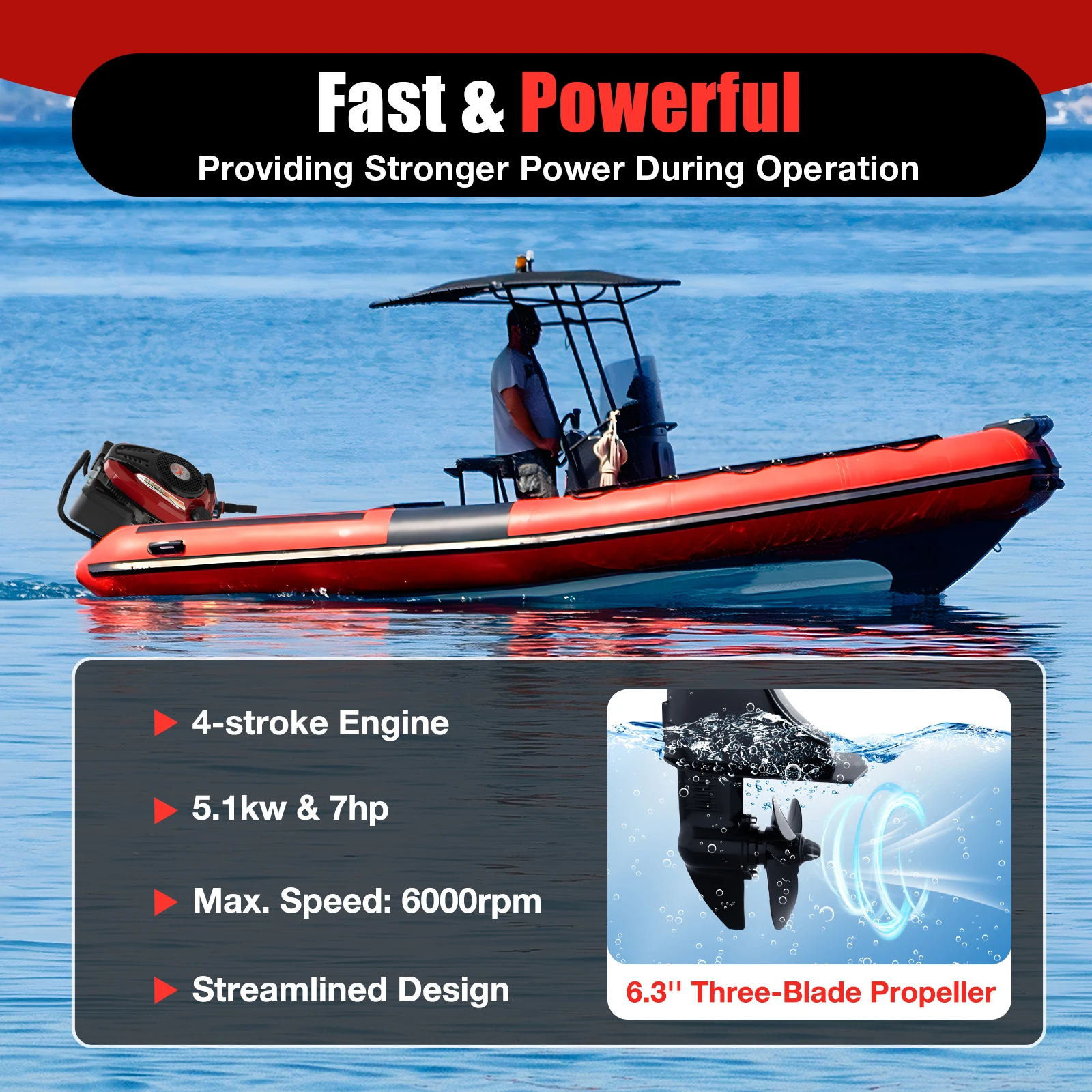 HANGKAI 7HP 4-Stroke Outboard Motor Boat Engine Fishing Boat Engine w/ Air Cooling System Long Shaft 196CC 5.1KW 4500-6000r/Min