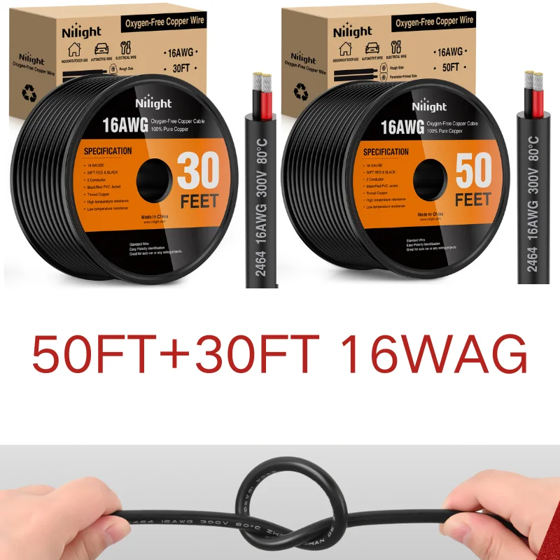 30/50FT 16AWG Oxygen-Free Copper Wire Red Black 2 Conductor PVC Stranded Electrical Cable 300V Flexible Extension for Strip