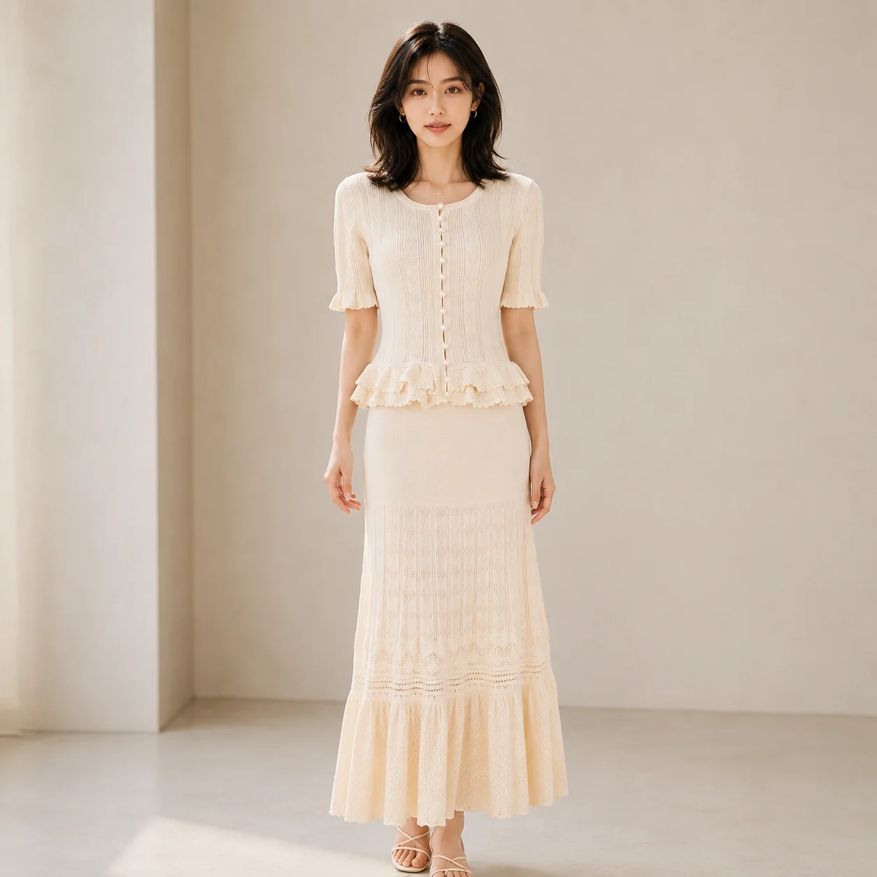 Summer 2026 Women's French-Style Buttoned Slim-Fit Round-Neck Hollow-Out Short Knitted Cardigan And Long Skirt/Skort Set